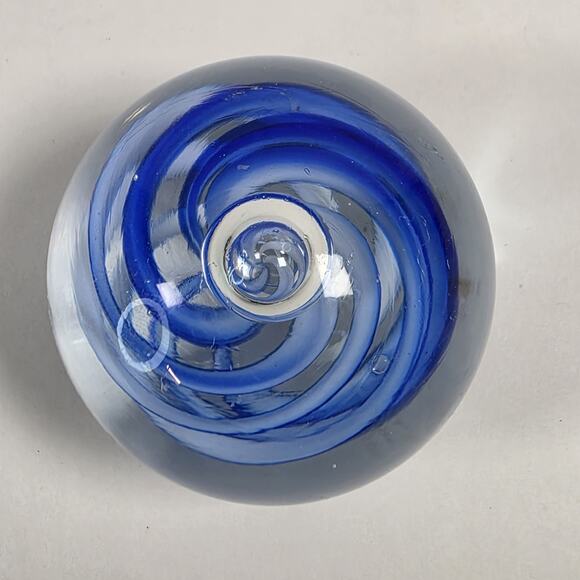 Art Glass Paperweight In Clear with Blue Swirls unsigned desk decretive piece - Picture 1 of 9